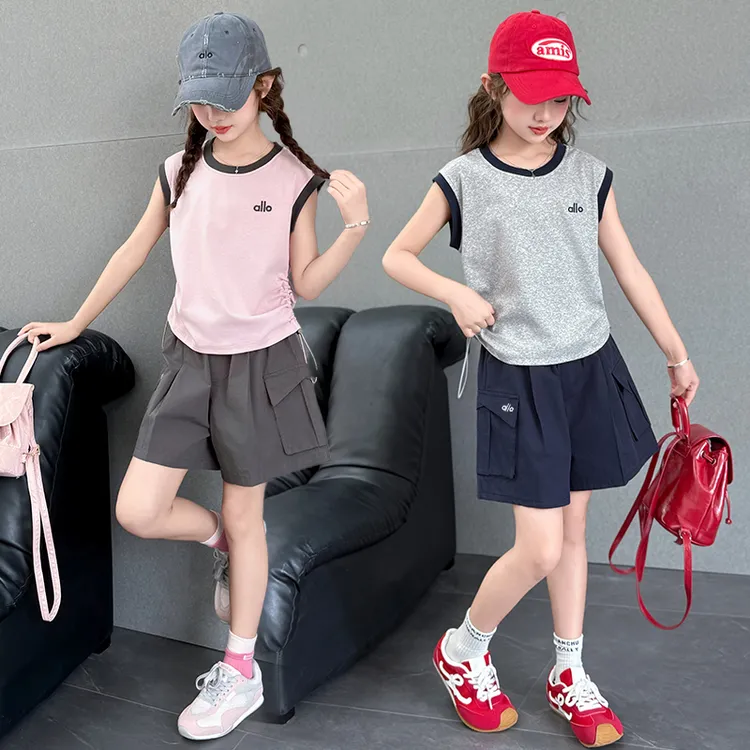 女童夏装套装2025新款韩系儿童6-12岁抽绳无袖上衣儿童工装短裤潮