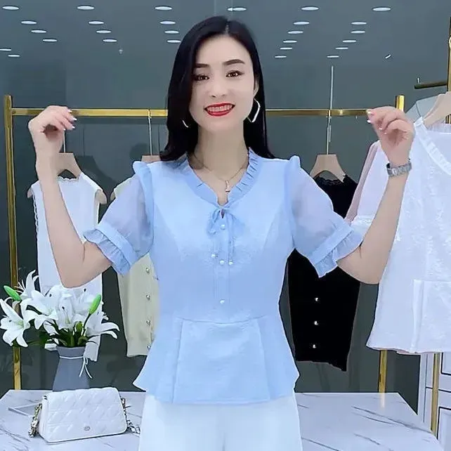 短袖提花雪纺衬衫女薄款夏季2025新款洋气遮肚百搭t恤假两件上衣