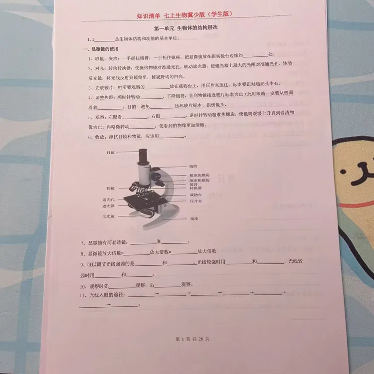 2025新版【七年级上生物】【知识清单】填空默写（冀少版）附解析