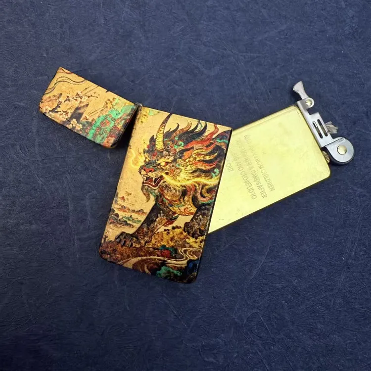 EIFFEL埃菲尔E03黄铜彩绘珐琅彩谛听超薄防风创意煤油打火机