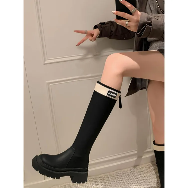 字母拼色厚底骑士靴女休闲长靴撞色粗跟真皮后拉炼长筒高筒靴子冬
