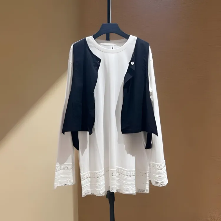 极简白色两件套T恤+马甲组合宽松轻职学院风长袖常规百搭时尚纯色