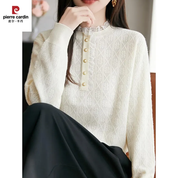 皮尔卡丹早秋蕾丝钉珠提花针织打底衫女2025新款春秋洋气大码女装