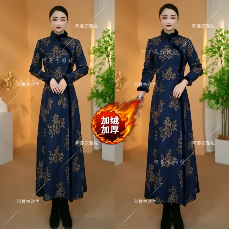 【衣雅严选】8082-2570#高定名媛风烫金花加绒加厚新中式长旗袍裙
