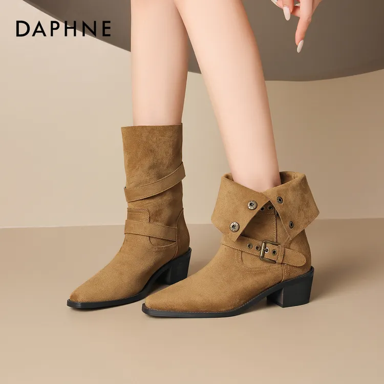 Daphne/达芙妮方头复古时装靴女两穿粗跟配裙子瘦瘦靴气质小短靴