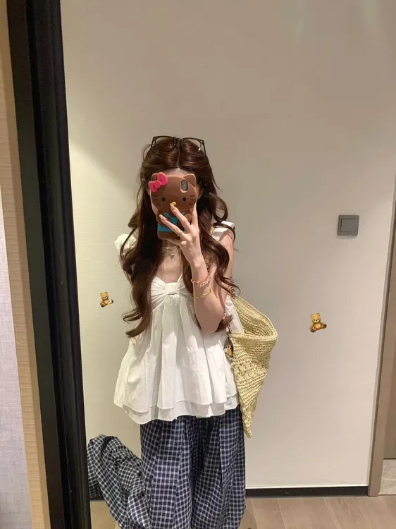 2025夏季新款甜美风蝴蝶结小飞袖衬衫上衣百搭格子阔腿裤两件套装