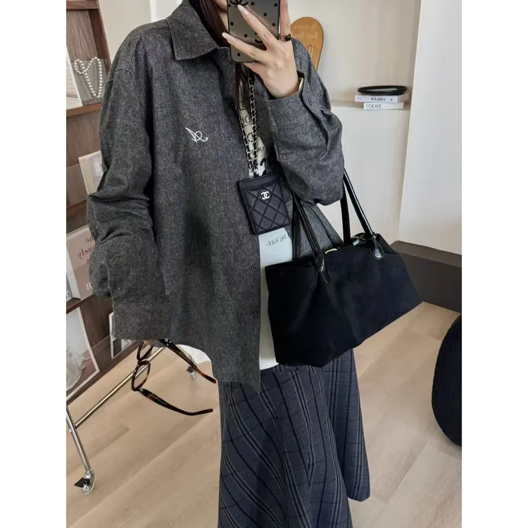 SP 秋冬加厚长袖衬衫女休闲宽松叠穿老钱风刺绣衬衣外套内搭