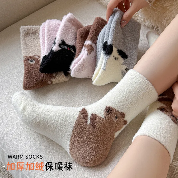 澳绒袜子女冬季加厚加绒保暖中筒袜可爱卡通毛绒长筒袜睡眠月子袜