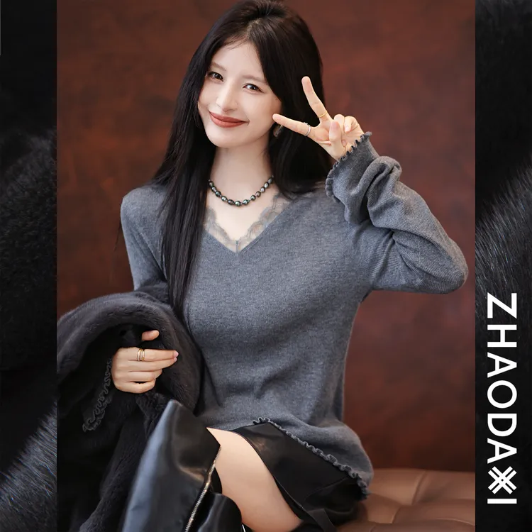 【赵大喜】小蛮腰针织衫 | 真丝羊绒羊毛蕾丝v领木耳边