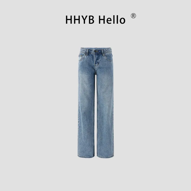 HHYB Hello2025复古浅蓝水洗做旧中低腰宽松直筒牛仔长裤Q254220