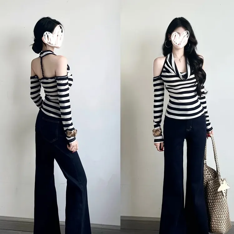 设计条纹修身显瘦长袖T恤女秋季辣妹性感挂脖露背上衣内搭打底衫
