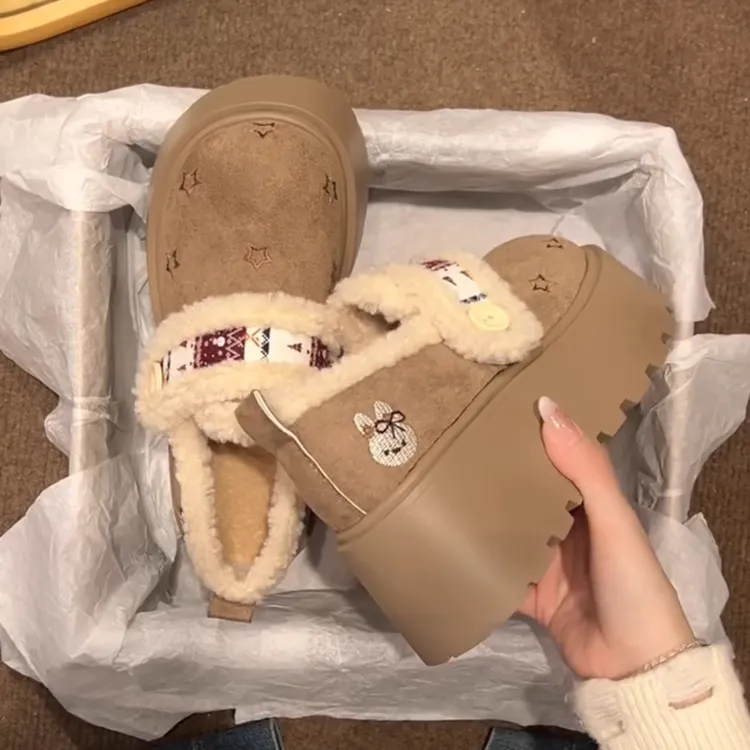 OJRZ甜美可爱勃肯单鞋女2025新款魔术贴保暖毛毛鞋加绒冬季乐福鞋