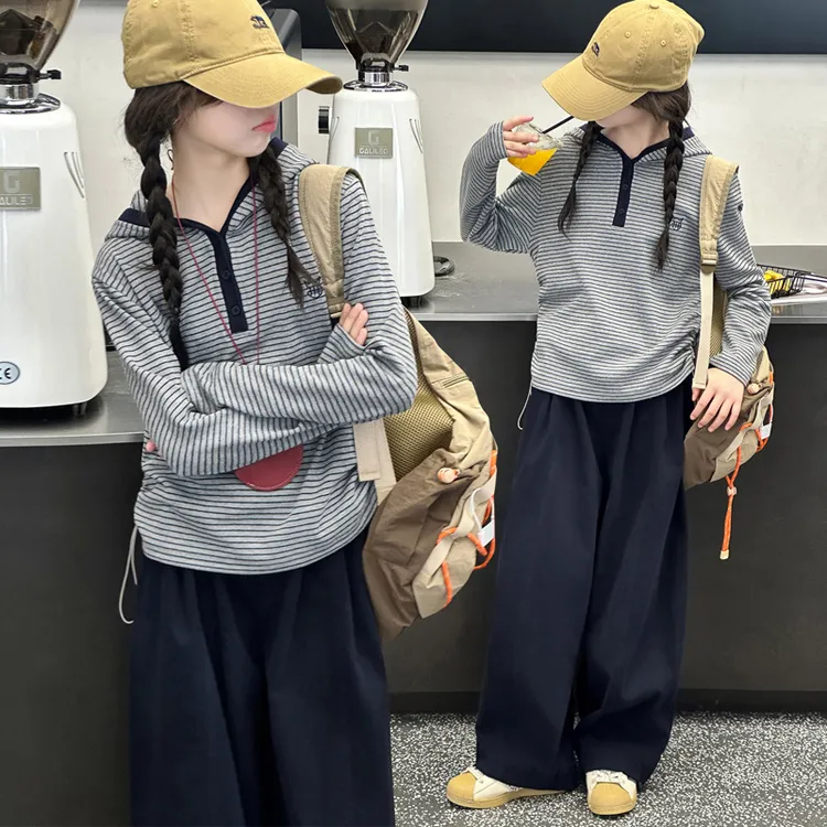 女童套装时尚百搭小猫细条纹棉布工装裤3-15岁春秋儿童休闲连帽潮