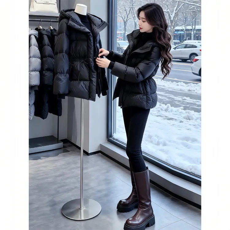 修身显瘦黑色棉服女中长款2026新款冬季保暖连帽外套