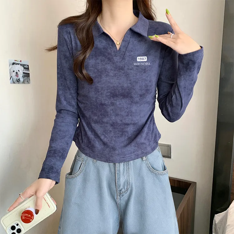 polo翻领正肩扎染长袖女t恤秋季褶皱弧形下摆显瘦修身打底衫上衣