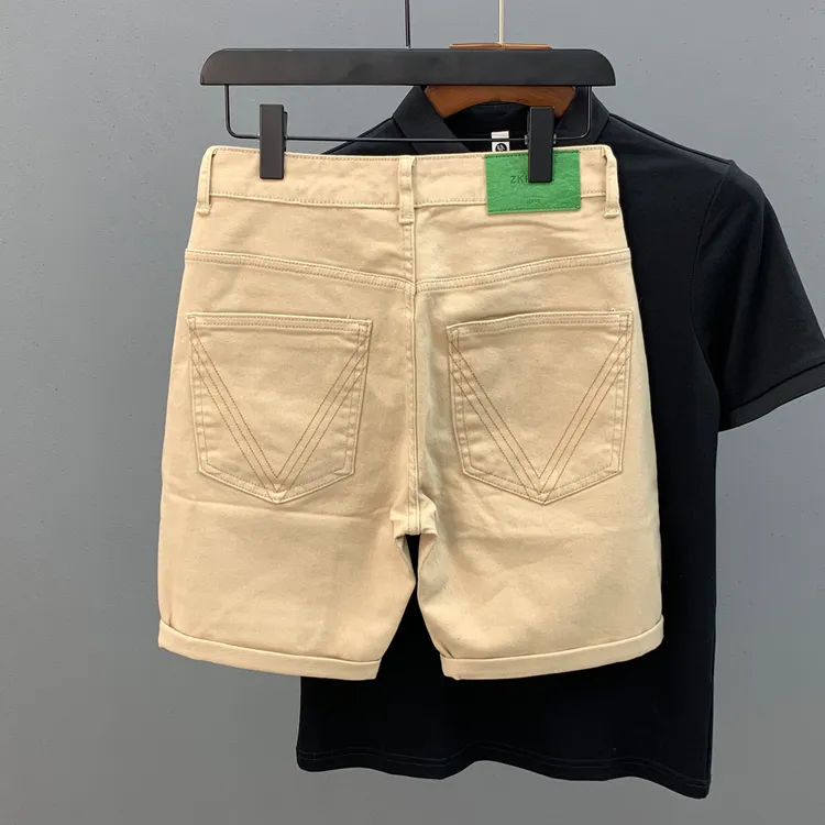夏季新款简约纯色牛仔短裤男士卡其色光板百搭小直筒弹力五分中裤