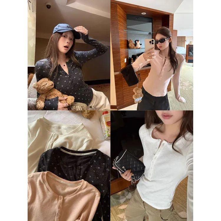 【加绒加厚】秋冬新款纯色亨利领打底衫磨毛修身内搭长袖碎花纽扣