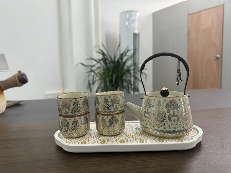 敦煌金银错一壶四杯带茶盘提梁壶家用茶壶手工轻奢复古BY362