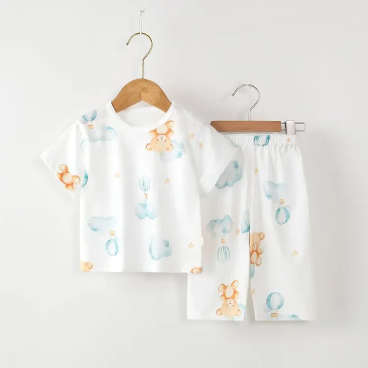 儿童夏季纯棉薄款家居服男宝短袖套装女童空调服婴幼儿长裤睡衣套