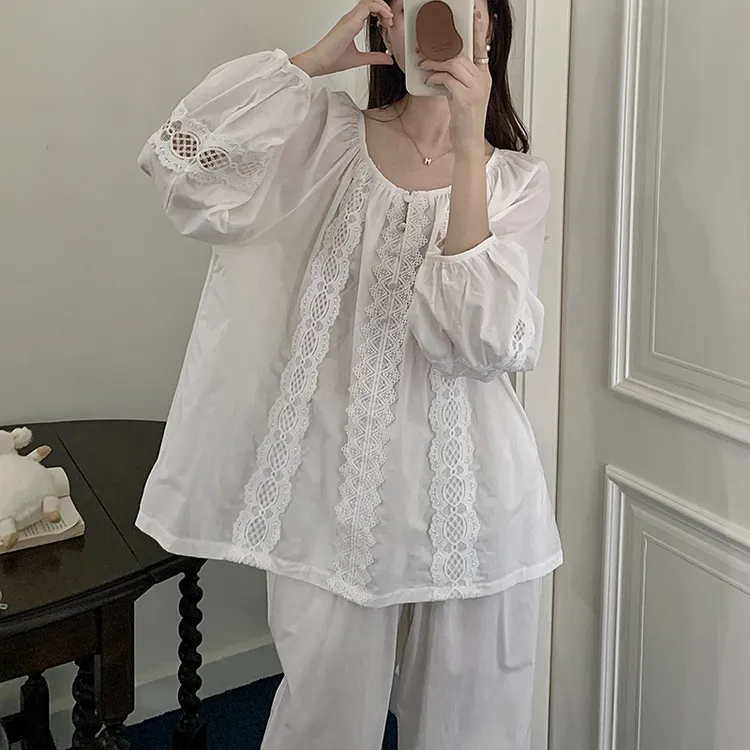 春秋睡衣女款2025新款休闲大码长袖长裤圆领纯棉家居服套装可外穿