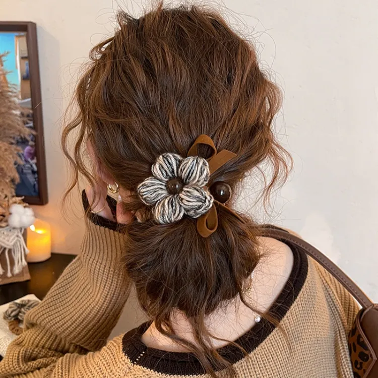 毛线花朵蝴蝶结发圈女高级感慵懒风扎丸子头发绳复古头绳秋冬发饰