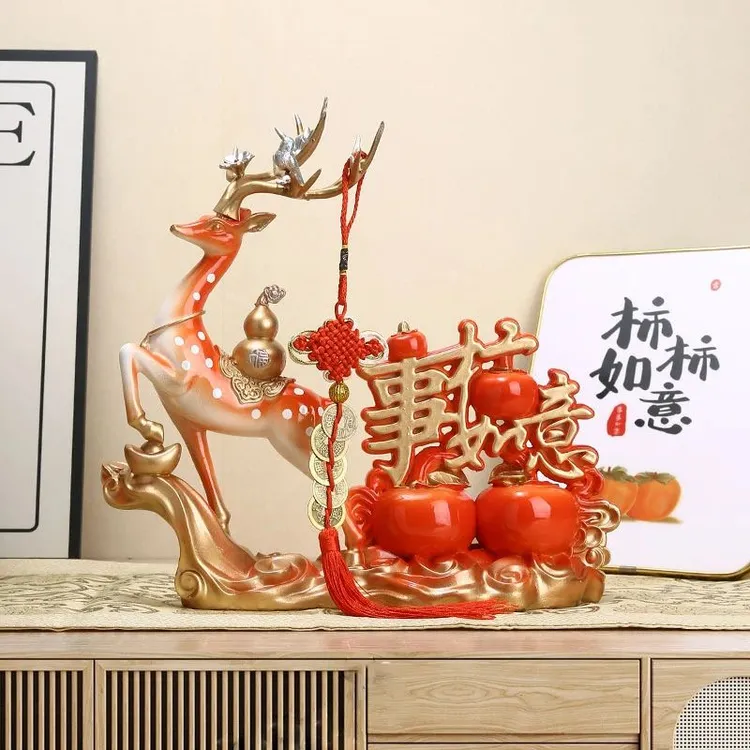 师傅推荐客厅轻奢玄关电视酒柜乔迁新招财柿子鹿事事如意旺宅平安