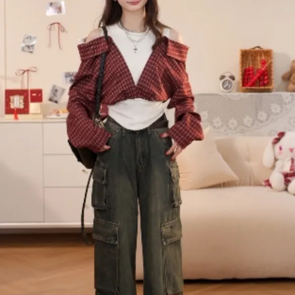 约会地球 织物猪原创 美式复古学院风收腰显瘦日常百搭牛仔裤