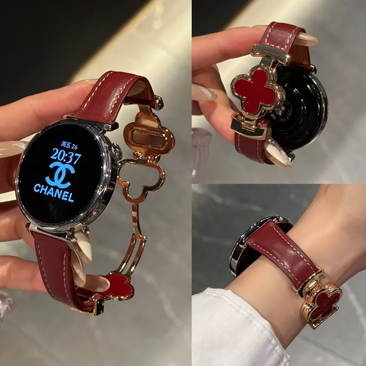 适用华为四叶草磁吸扣真皮手表表带watch3proFit3GT6GT4GT5女士带