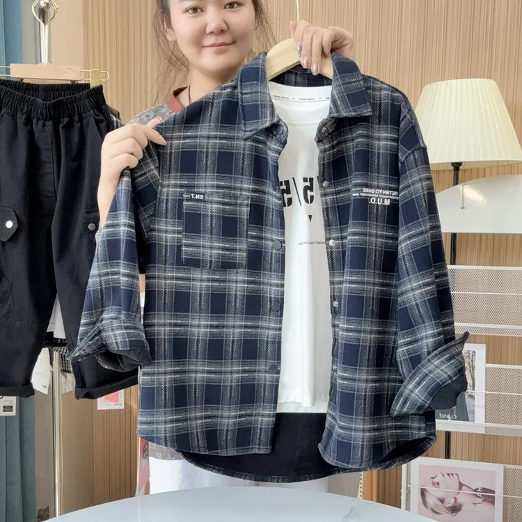 加绒格子男长袖加绒加厚韩版格子衬衫上衣冬季C28