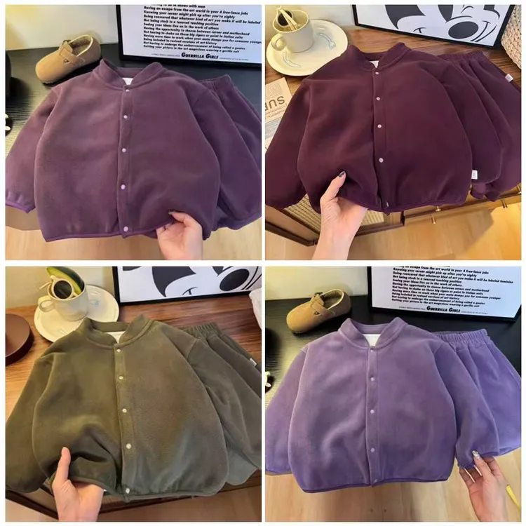 套装儿童奥利绒男女宝宝双面绒外穿加绒套装秋冬季两件套家居服