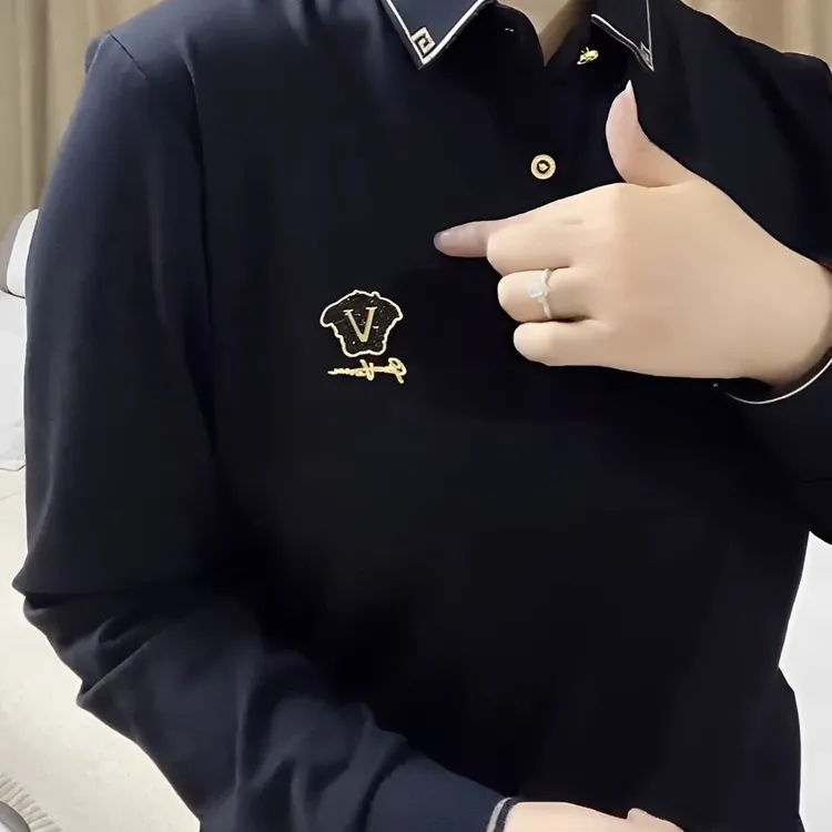 新款男士秋季翻领长袖时尚polo潮流简约百搭休闲舒适上衣帅气男装