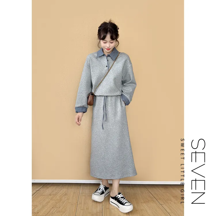 闲雅一刻⑦七七146小个子韩系假两件卫衣套装女半身裙两件套小美说