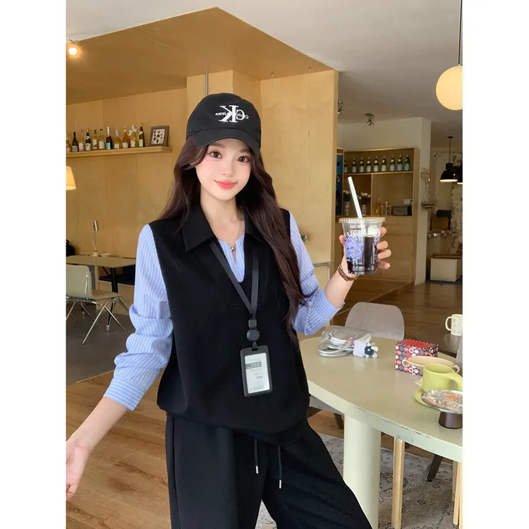 【猪猪队运费补贴】秋装新款胖mm假两件拼接上衣+阔腿裤休闲套装