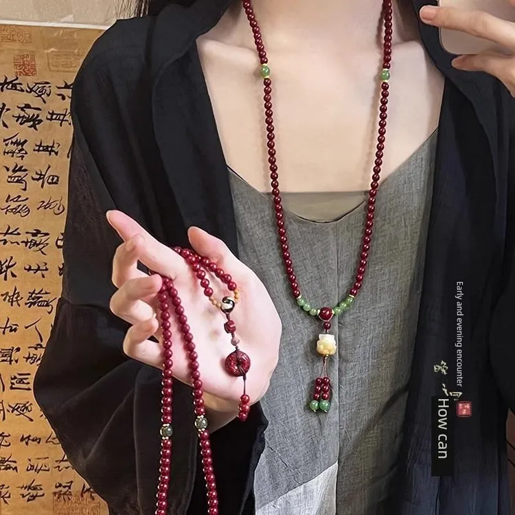 合金布艺项链 2025新中国朱砂和平扣串珠项炼妇女覆古民族风