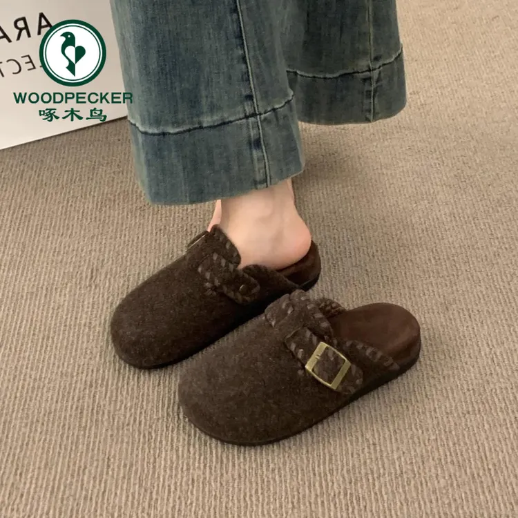 啄木鸟厚底灰色勃肯鞋包头毛毛拖鞋女外穿2025新款秋冬半拖棉拖鞋