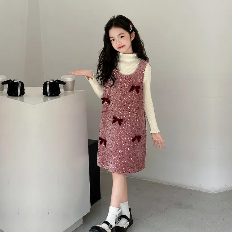女童秋冬亮片背心裙套装女大童冬季洋气蝴蝶结裙子两件套过年裙潮