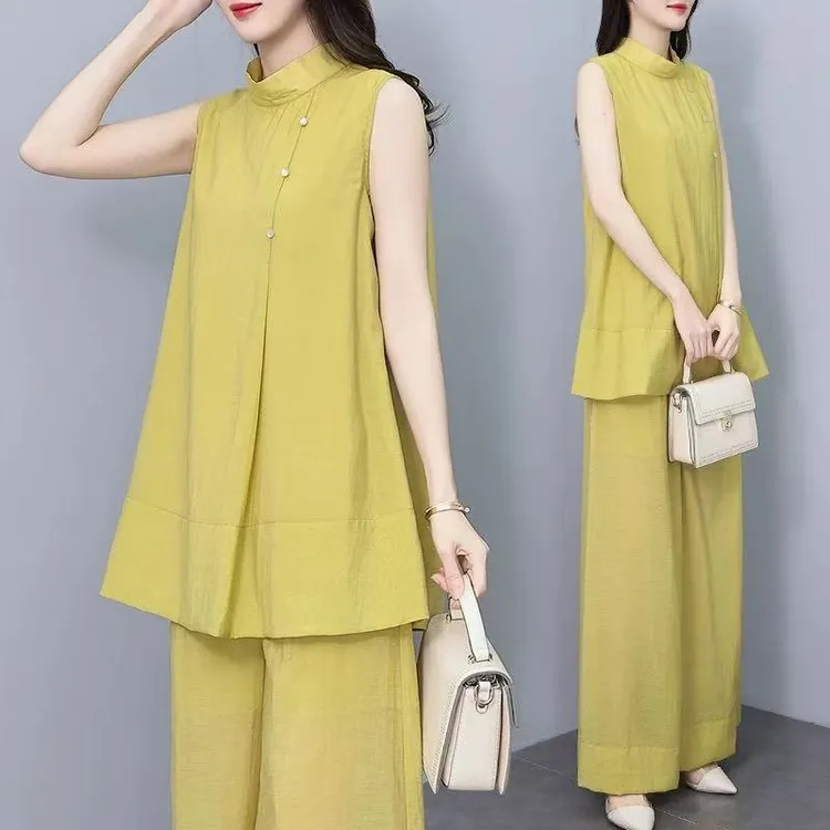 艾惠曼时尚套装女夏季新款无袖上衣阔腿裤两件套显瘦气质宽松大码