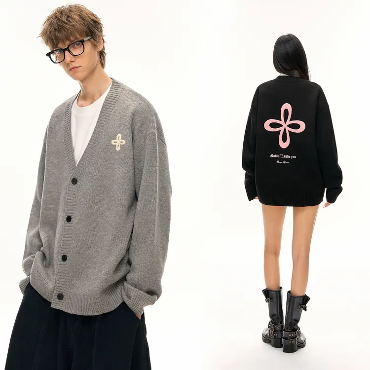 CLIMAX VISION慵懒风毛巾绣十字花百搭针织开衫毛衣中性风外套