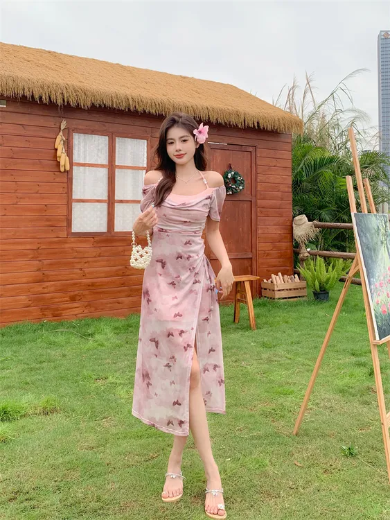 新中式复古短袖蝴蝶印花开叉中长裙夏季修身收腰轻熟风甜美连衣裙