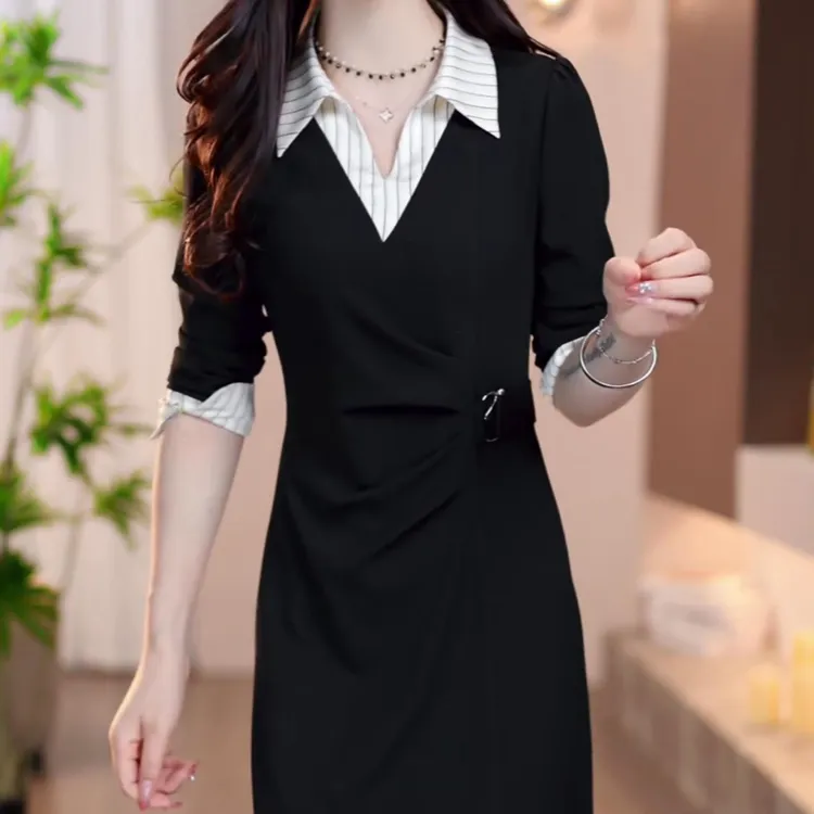 时尚法式衬衫领连衣裙女2025秋季新款洋气显瘦设计感长袖休闲裙子