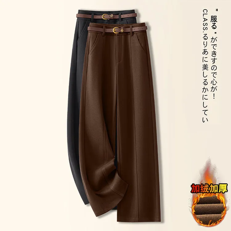 拉夏贝尔咖色毛呢阔腿裤女冬季2025新款棕色美拉德休闲加绒直筒裤