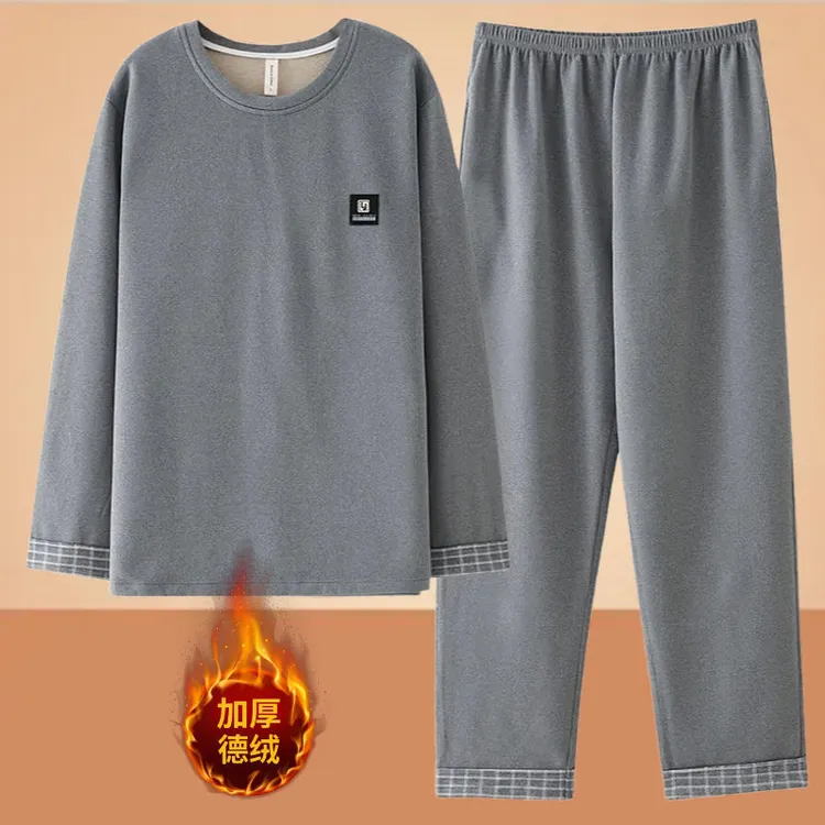 双面蚕丝德绒睡衣男士秋冬季加绒加厚套头青年学生冬天保暖家居服