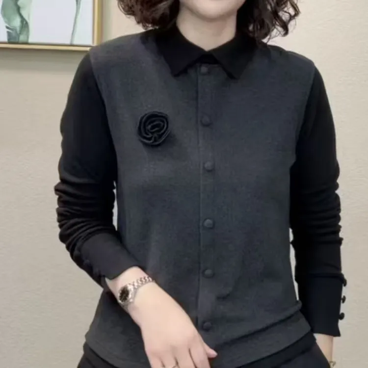 高级女士长袖假两件双面绒POLO领秋冬新款拼接时尚保暖小衫休闲