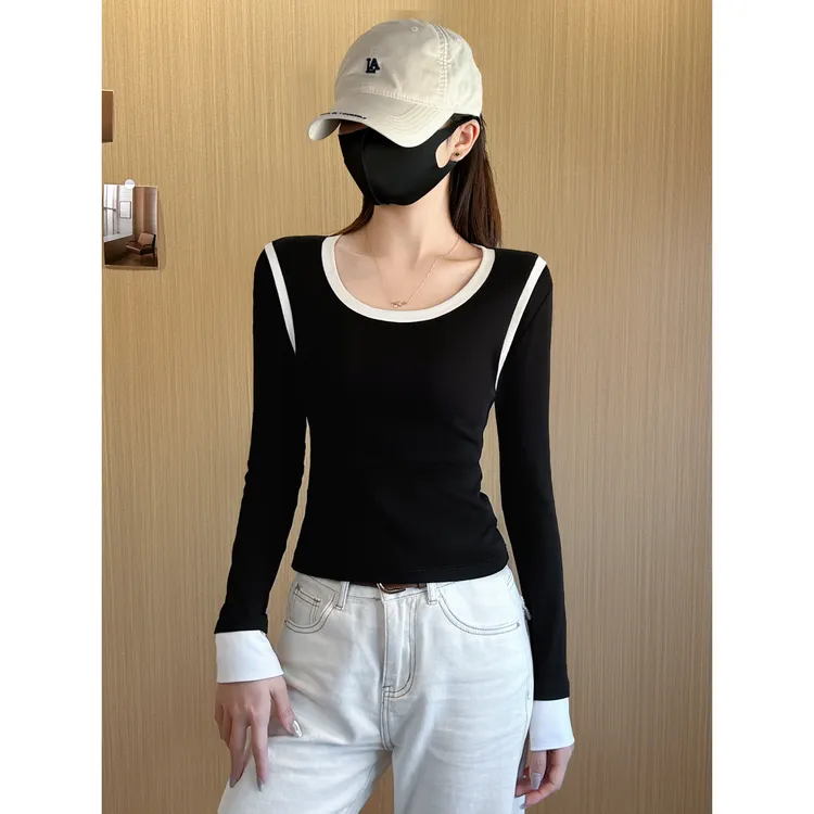 黑白拼接长袖t恤女2025秋冬修身设计感打底衫内搭撞色显瘦上衣潮