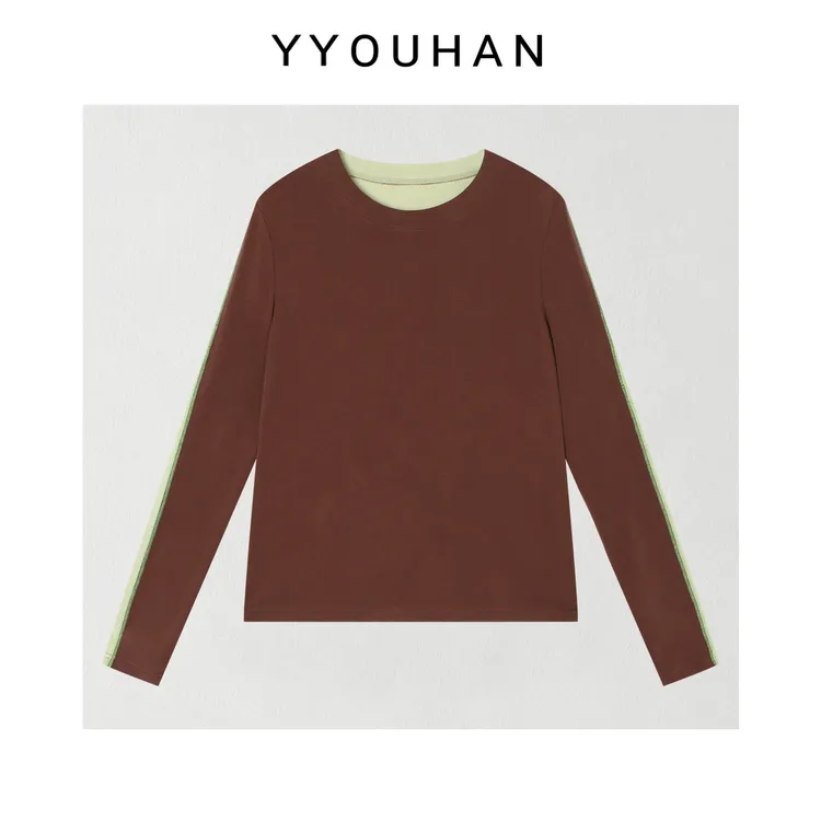 月月 2026春季新款小众设计圆领拼色百搭长袖T恤上衣 2601D39