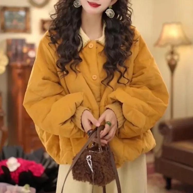 【现货，整张棉】复古港风加厚减龄保暖秋冬短款宽松圆领夹棉外套女