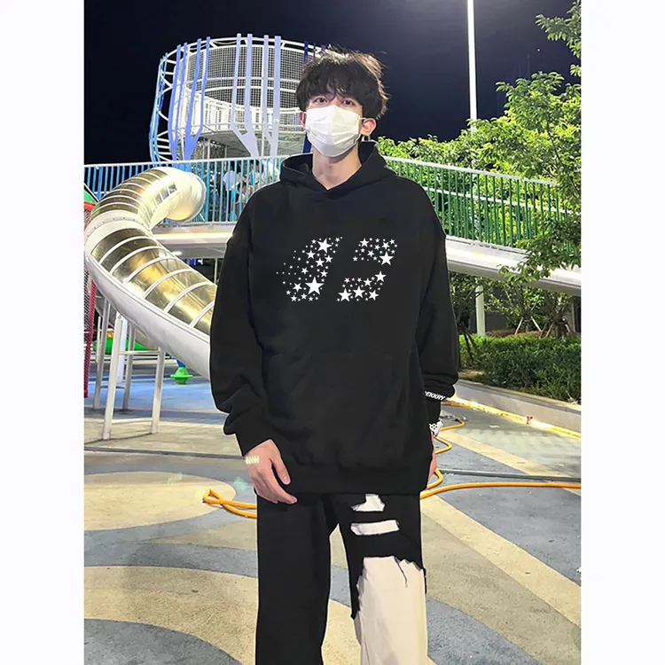 美式潮牌星星字母印花连帽卫衣百搭男女秋冬季休闲宽松情侣款上衣