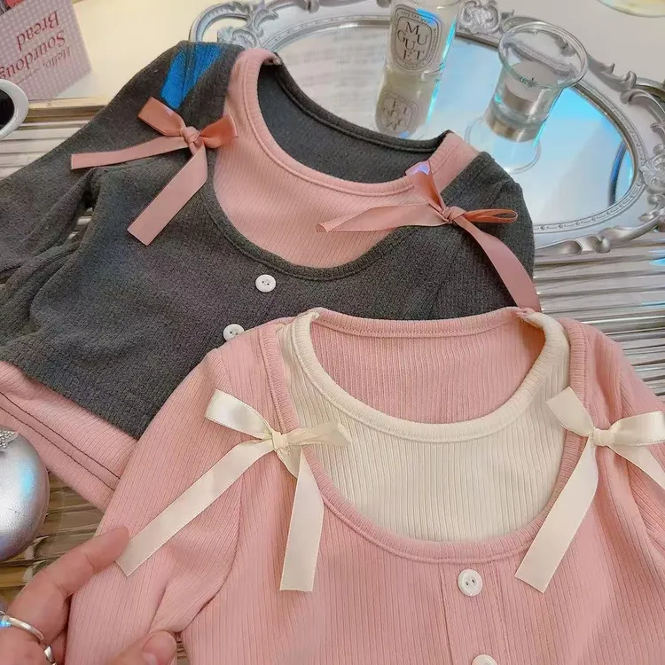 2025春季新款女童甜美假两件打底衫蝴蝶结T恤可爱弹力打底衫
