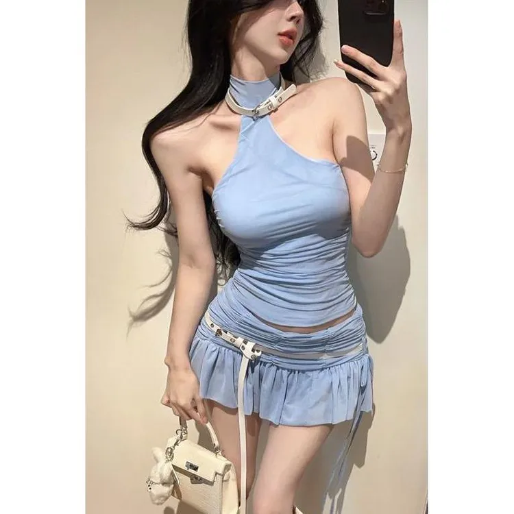 盐系清新少女纯欲设计感斜肩露肩褶皱系带挂脖背心褶皱短裙套装女