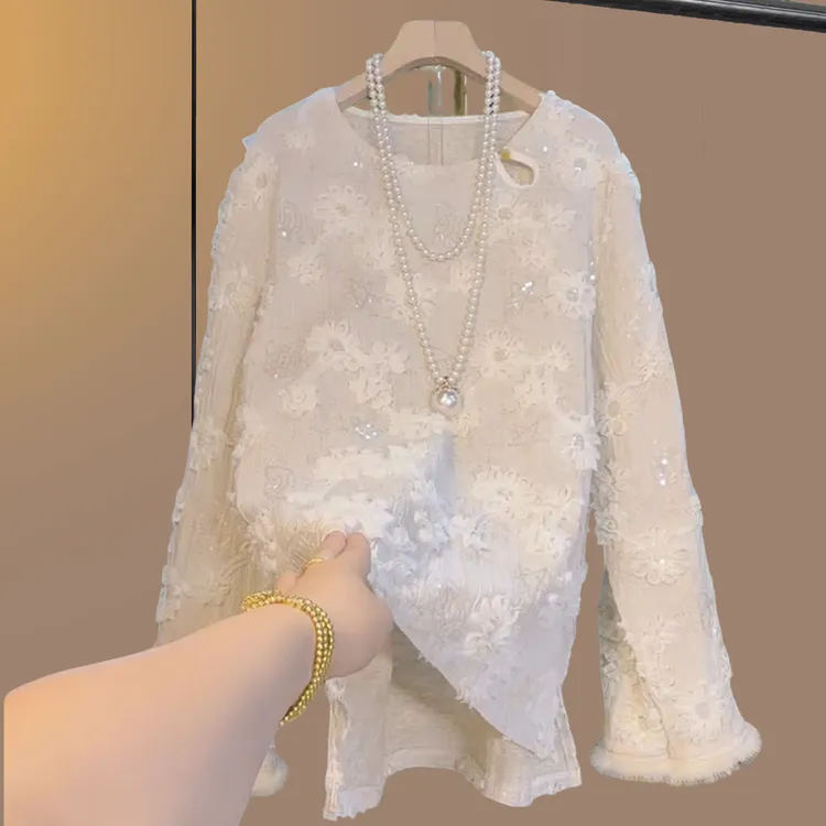 秋冬季大码女装胖妹妹遮肉显瘦宽松时尚简约杏色亮片拼毛花朵大衫